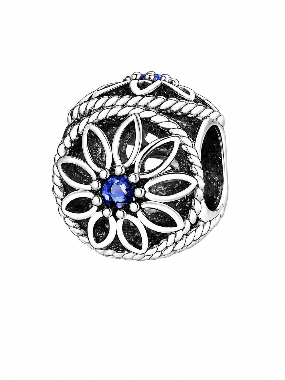 🌼 Floral Blue Crystal Charm Bead Silver Tone European Bracelet Charm